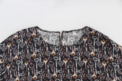 Graue Seidenbluse mit Goldschlüssel-Druck T-shirt