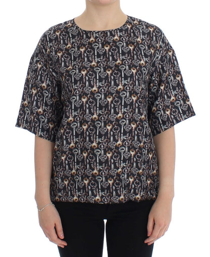 Graue Seidenbluse mit Goldschlüssel-Druck T-shirt