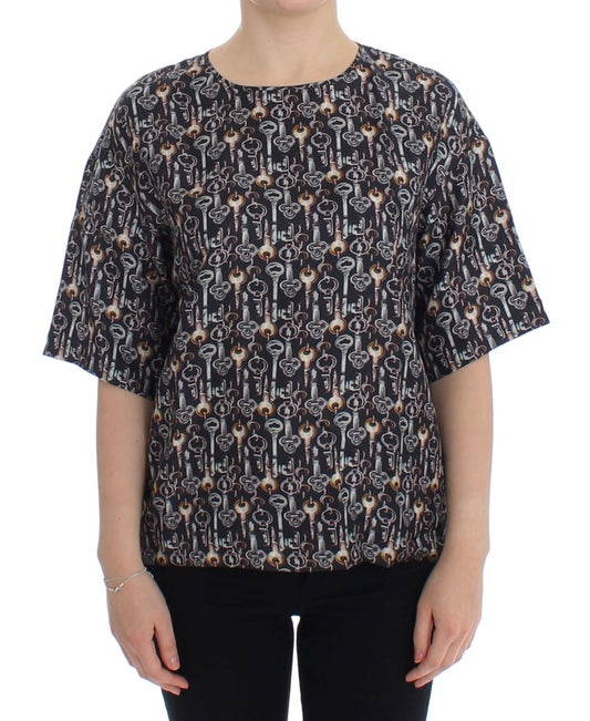 Graue Seidenbluse mit Goldschlüssel-Druck T-shirt