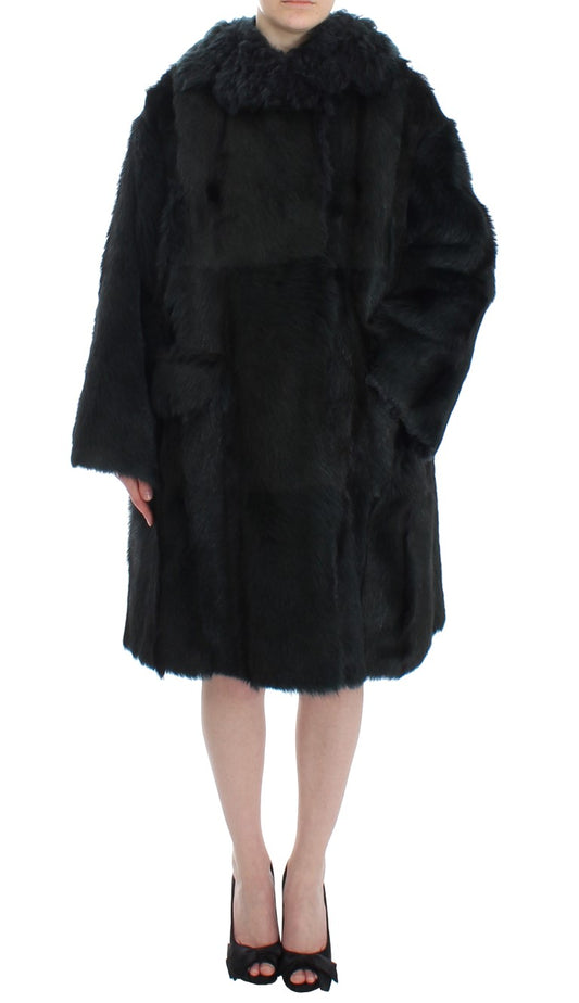 Schwarzer Ziegenpelz Shearling Lange Jacke Mantel