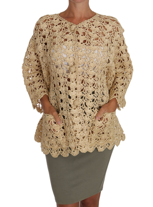 Beige Strickjacke gehäkelt gestrickt Raffia Pullover