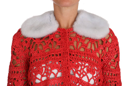Rote Strickjacke gehäkelt gestrickt Raffia Pullover