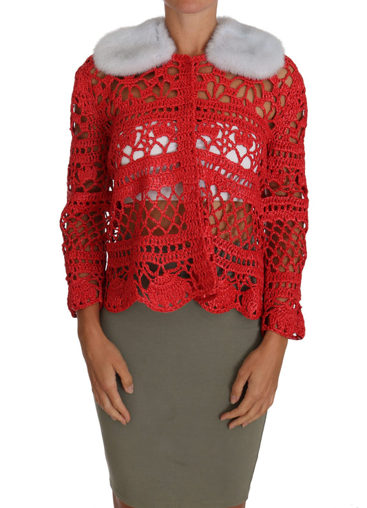 Rote Strickjacke gehäkelt gestrickt Raffia Pullover