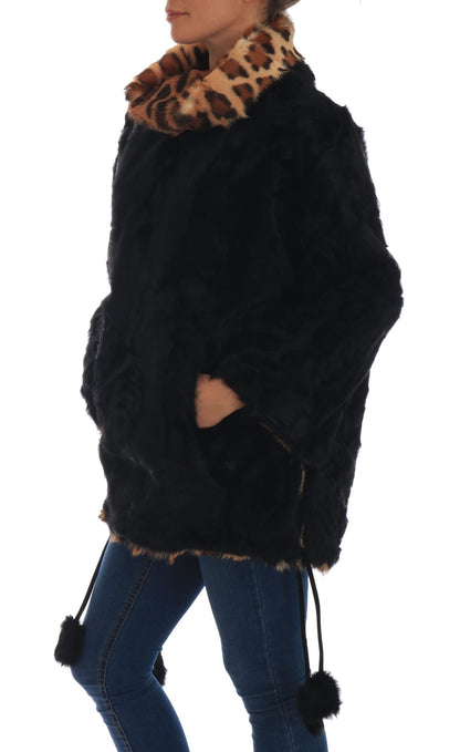 Schwarzer Lamm Leopard Print Pelzmantel Jacke