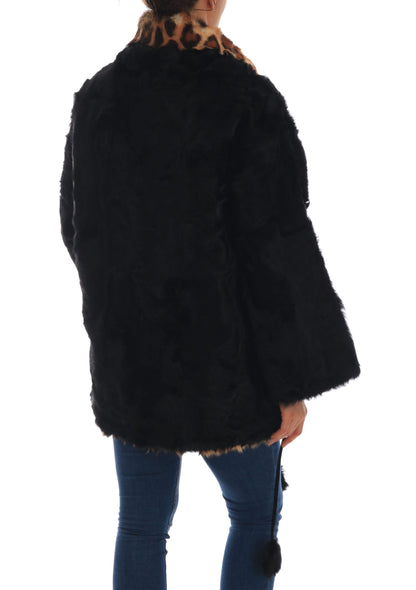 Schwarzer Lamm Leopard Print Pelzmantel Jacke