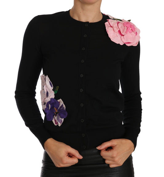 Schwarzer Kaschmir-Cardigan Floraler Pullover