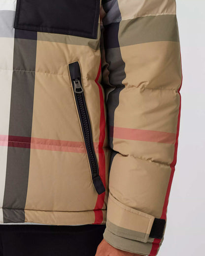 Beige Polyamid und Federn Lange Daunenjacke