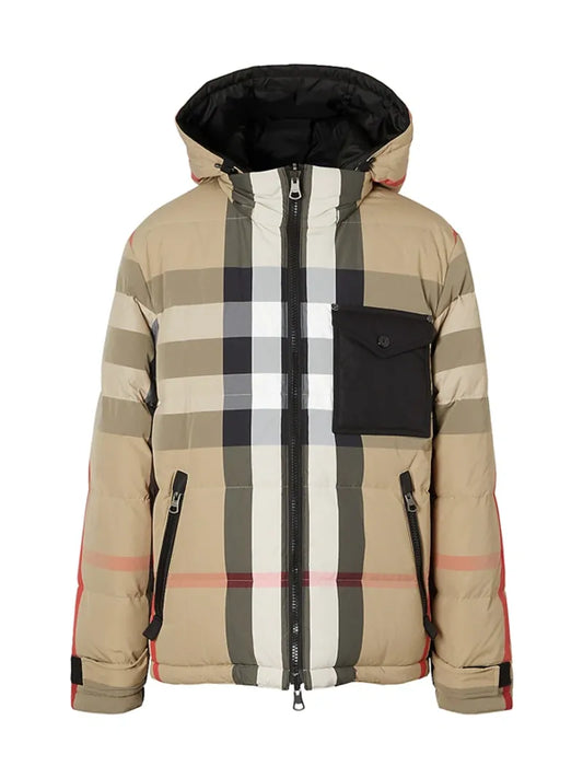 Beige Polyamid und Federn Lange Daunenjacke