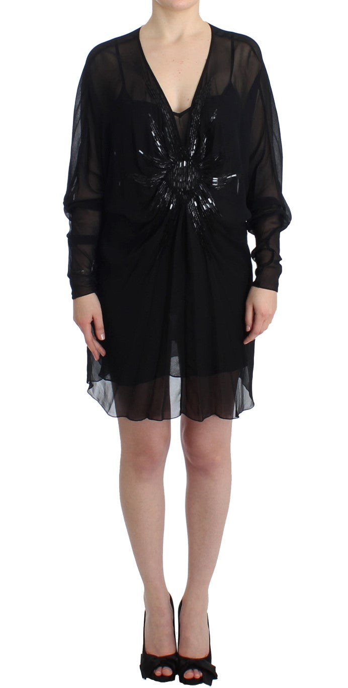 Schwarzes langärmeliges Seidenkleid