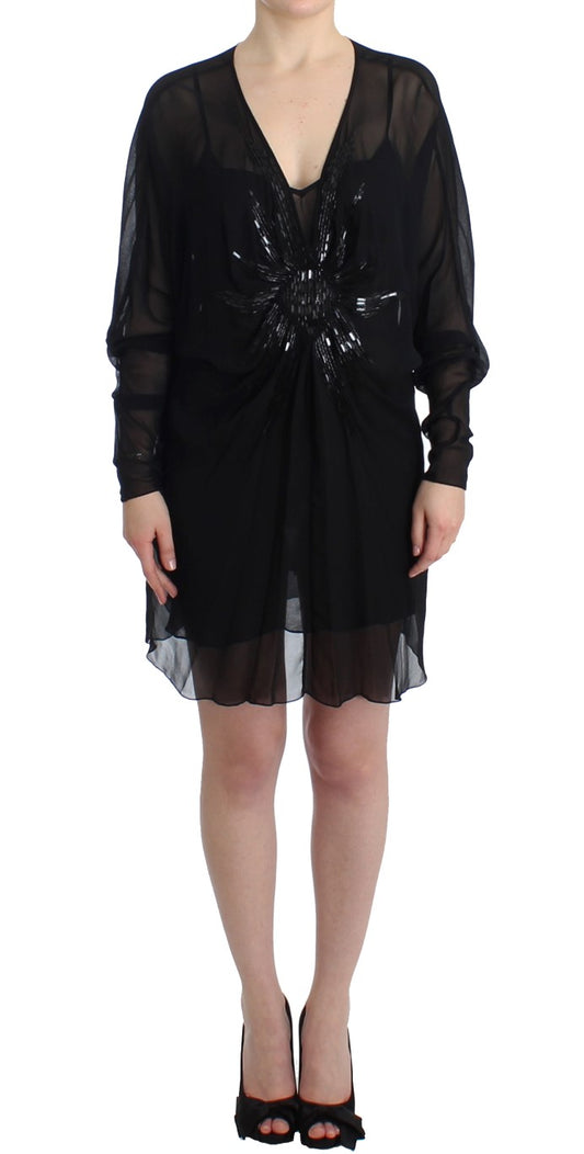 Schwarzes langärmeliges Seidenkleid
