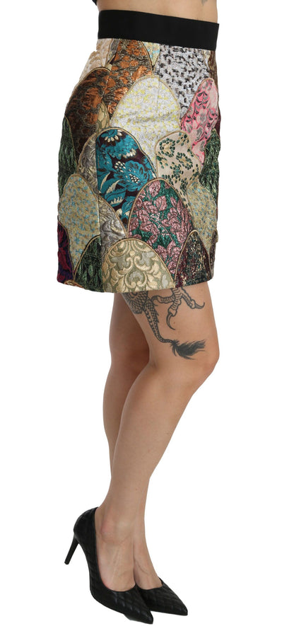 Grüner rosa Jacquard-Minirock mit hoher Taille
