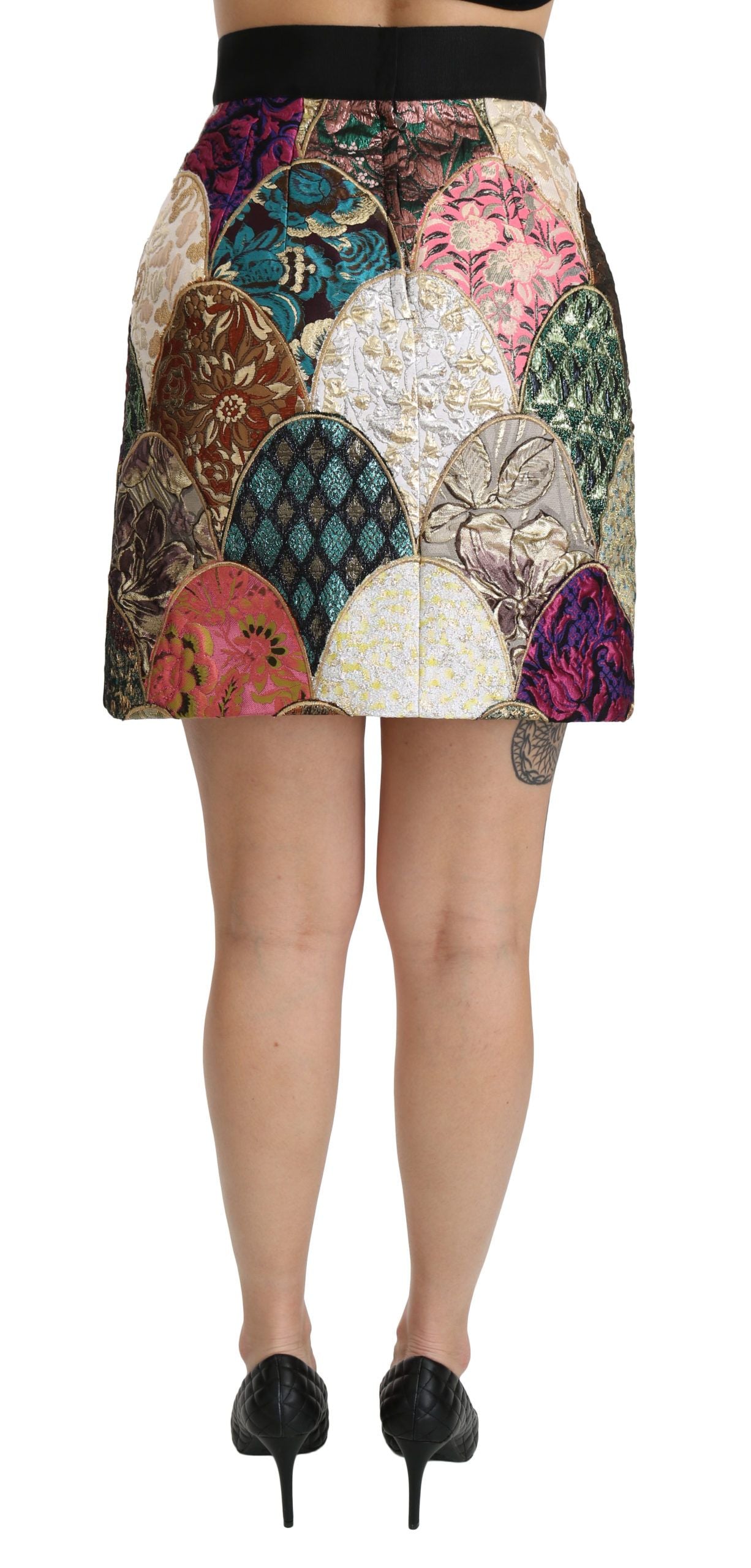 Grüner rosa Jacquard-Minirock mit hoher Taille