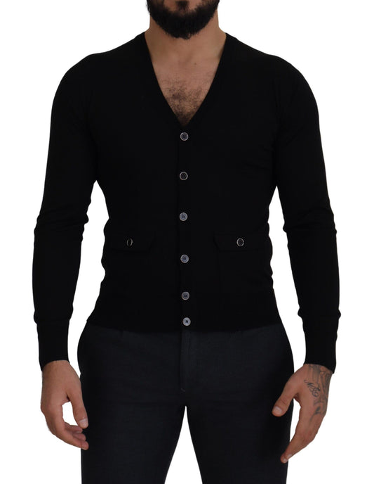 Schwarze Strickjacke aus Wolle mit Knopfleiste