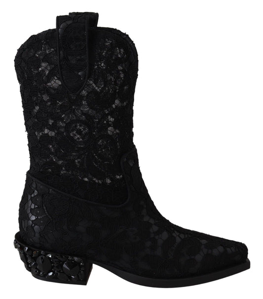 Schwarze Spitze Taormina Knöchel Cowboy Kristall Schuhe