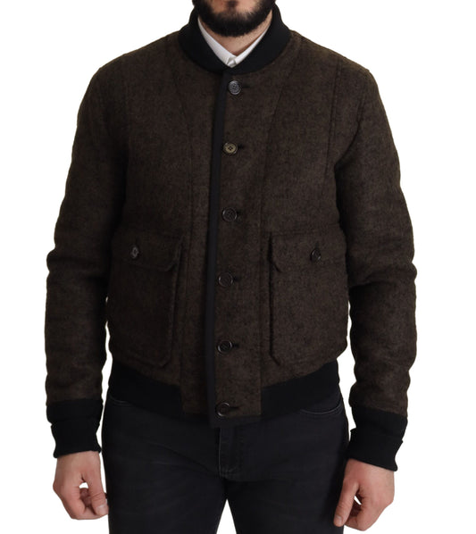 Brauner Alpaka Button Down Bomber Mantel Jacke
