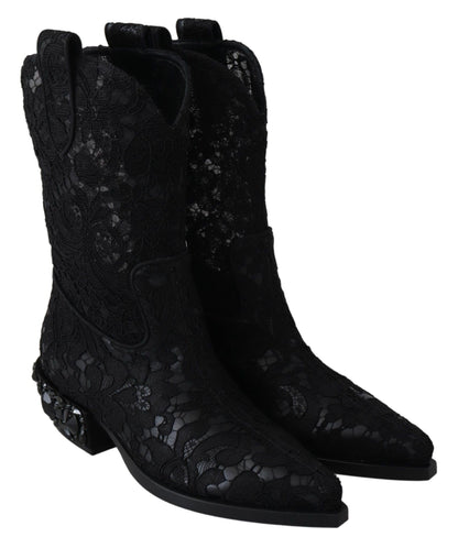 Schwarze Spitze Taormina Knöchel Cowboy Kristall Schuhe