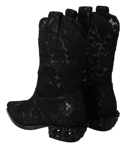 Schwarze Spitze Taormina Knöchel Cowboy Kristall Schuhe