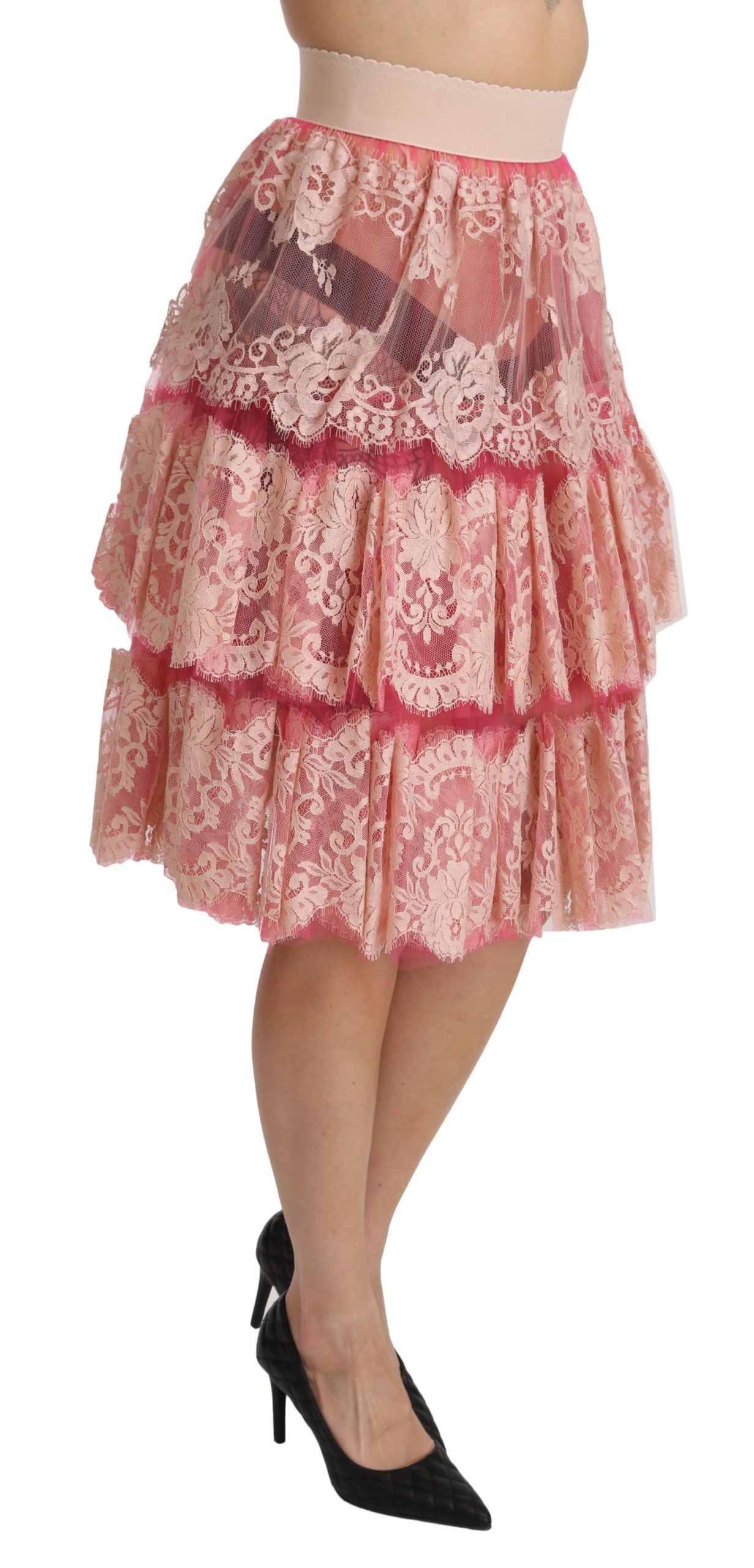 Rosa Spitze, geschichtet, hohe Taille, knielanger Rock