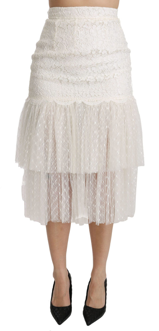 Weißer mehrlagiger Midi-Baumwollrock mit hoher Taille und Spitze