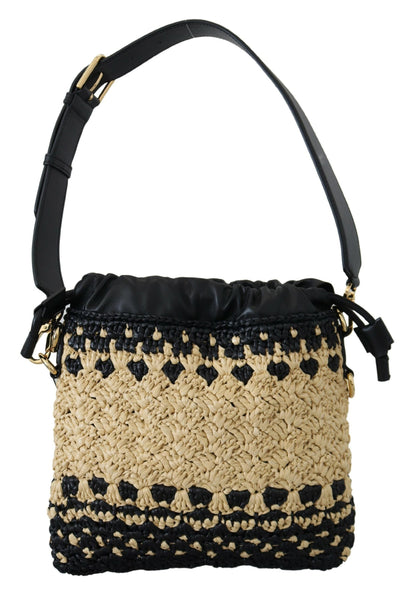 Beige Schwarz Raffia Leder Umhängetasche Handtasche