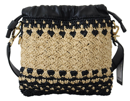 Beige Schwarz Raffia Leder Umhängetasche Handtasche