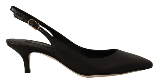Schwarz Leder Slingbacks Heels Pumps Schuhe