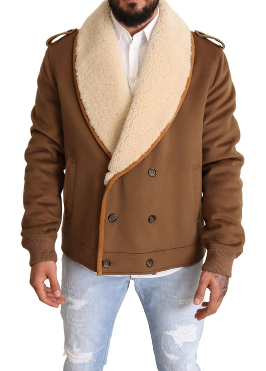 Brauner doppelreihiger Shearling-Mantel Jacke