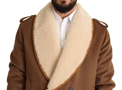 Brauner doppelreihiger Shearling-Mantel Jacke