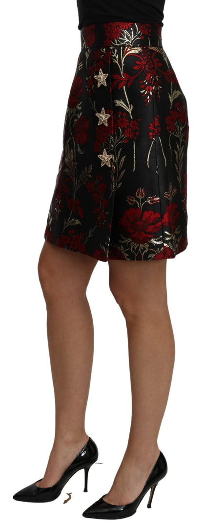 Schwarzer geblümter Jacquard-Minirock mit hoher Taille in A-Linie