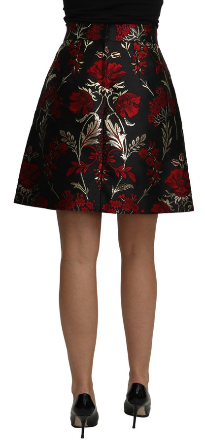 Schwarzer geblümter Jacquard-Minirock mit hoher Taille in A-Linie
