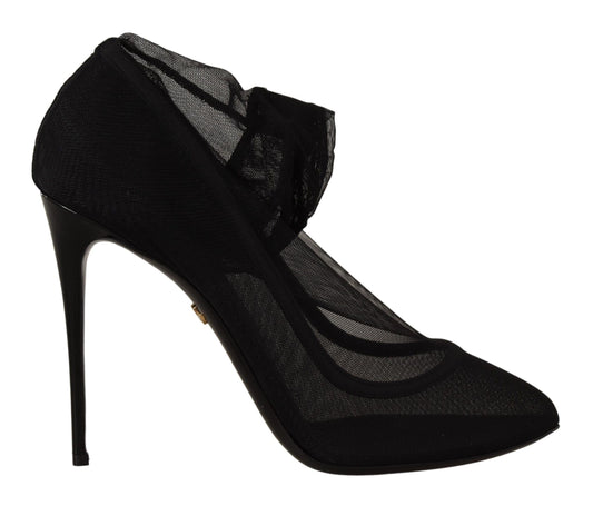 Schwarz Tüll Stretch Stiefel Pumps Schuhe
