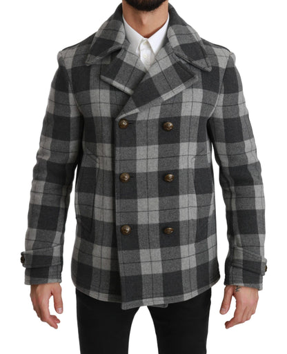 Grauer karierter Wollkaschmirmantel Jacke