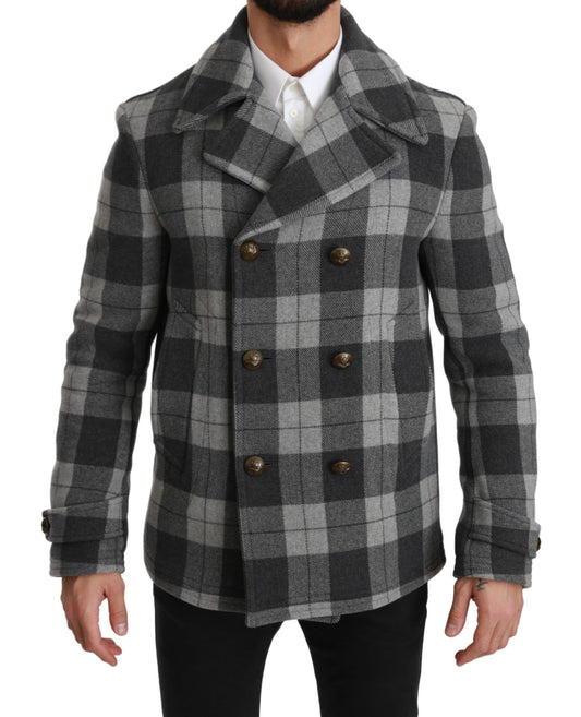 Grauer karierter Wollkaschmirmantel Jacke