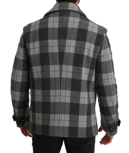 Grauer karierter Wollkaschmirmantel Jacke
