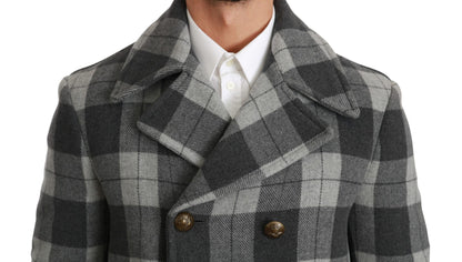 Grauer karierter Wollkaschmirmantel Jacke