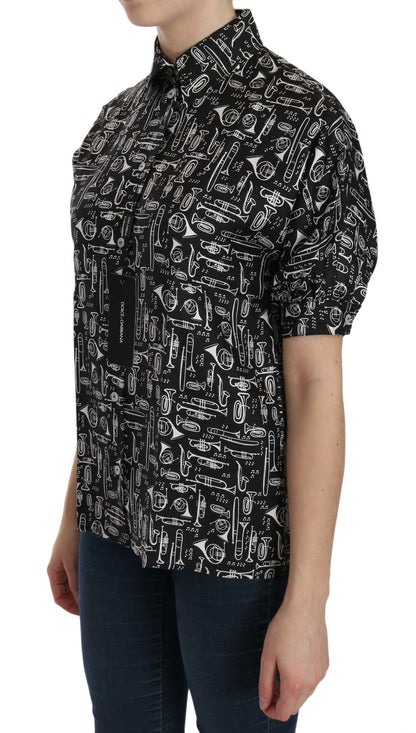 Schwarzes Musikinstrument Kragenbluse Shirt