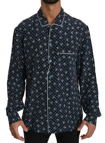 Blaues Seidentop mit Totenkopfdruck Nachtwäsche Shirt