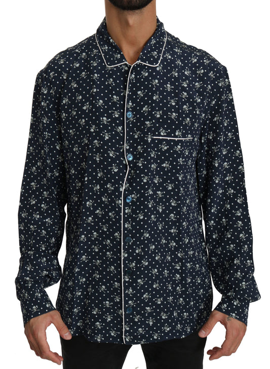 Blaues Seidentop mit Totenkopfdruck Nachtwäsche Shirt