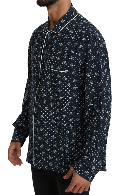 Blaues Seidentop mit Totenkopfdruck Nachtwäsche Shirt