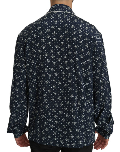 Blaues Seidentop mit Totenkopfdruck Nachtwäsche Shirt