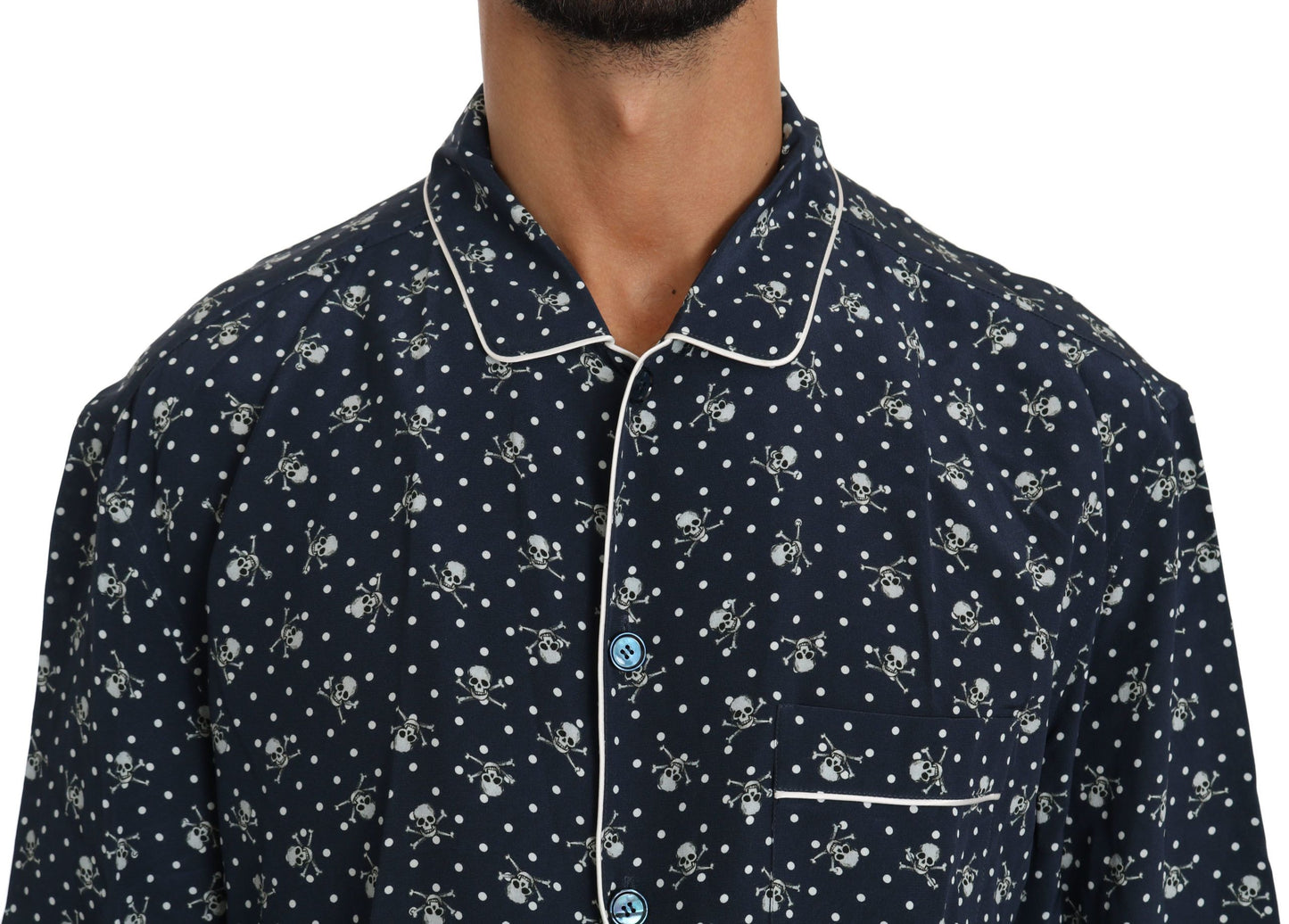 Blaues Seidentop mit Totenkopfdruck Nachtwäsche Shirt