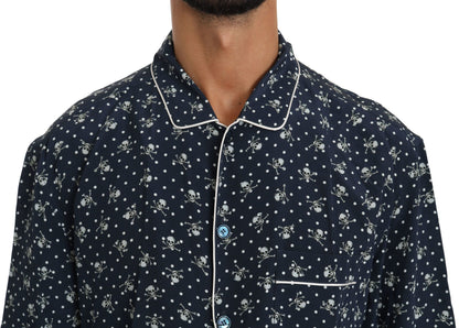 Blaues Seidentop mit Totenkopfdruck Nachtwäsche Shirt