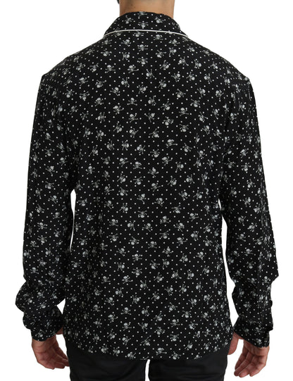 Schwarzer Totenkopfdruck Seidenschlafanzug Shirt