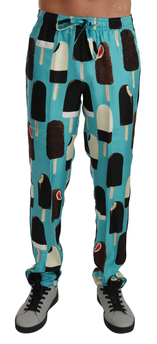 Blaue Seiden-Eiscreme Lounge-Hose mit Druck