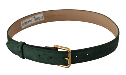 Moosgrüner Samtgürtel mit goldfarbener Logo-Metallschnalle