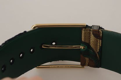 Grüner Jacquard-Embroider-Leder-Gürtel mit goldener Metallschnalle