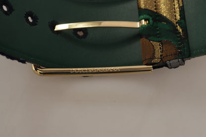 Grüner Jacquard-Embroider-Leder-Gürtel mit goldener Metallschnalle