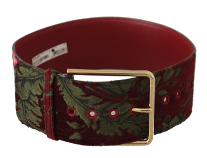 Roter bestickter Ledergürtel mit goldenem Logo und Metallschnalle