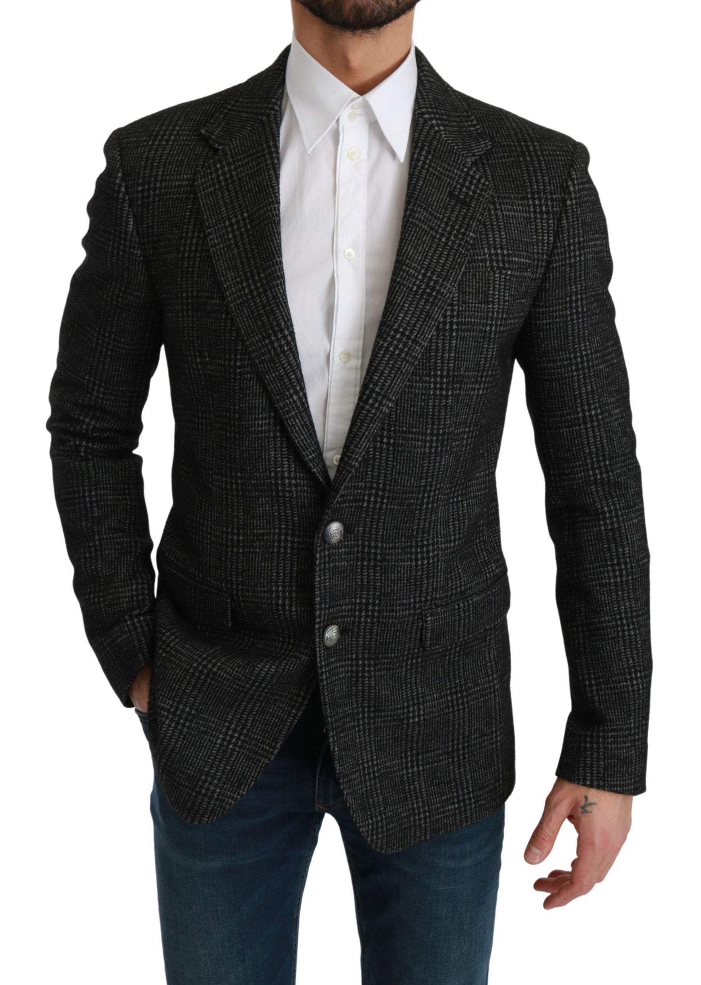 Graue karierte Slim Fit Jacke Blazer