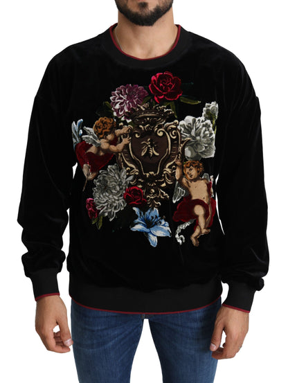 Schwarzer Samt-Engel-Pullover mit Blumen und Bienen